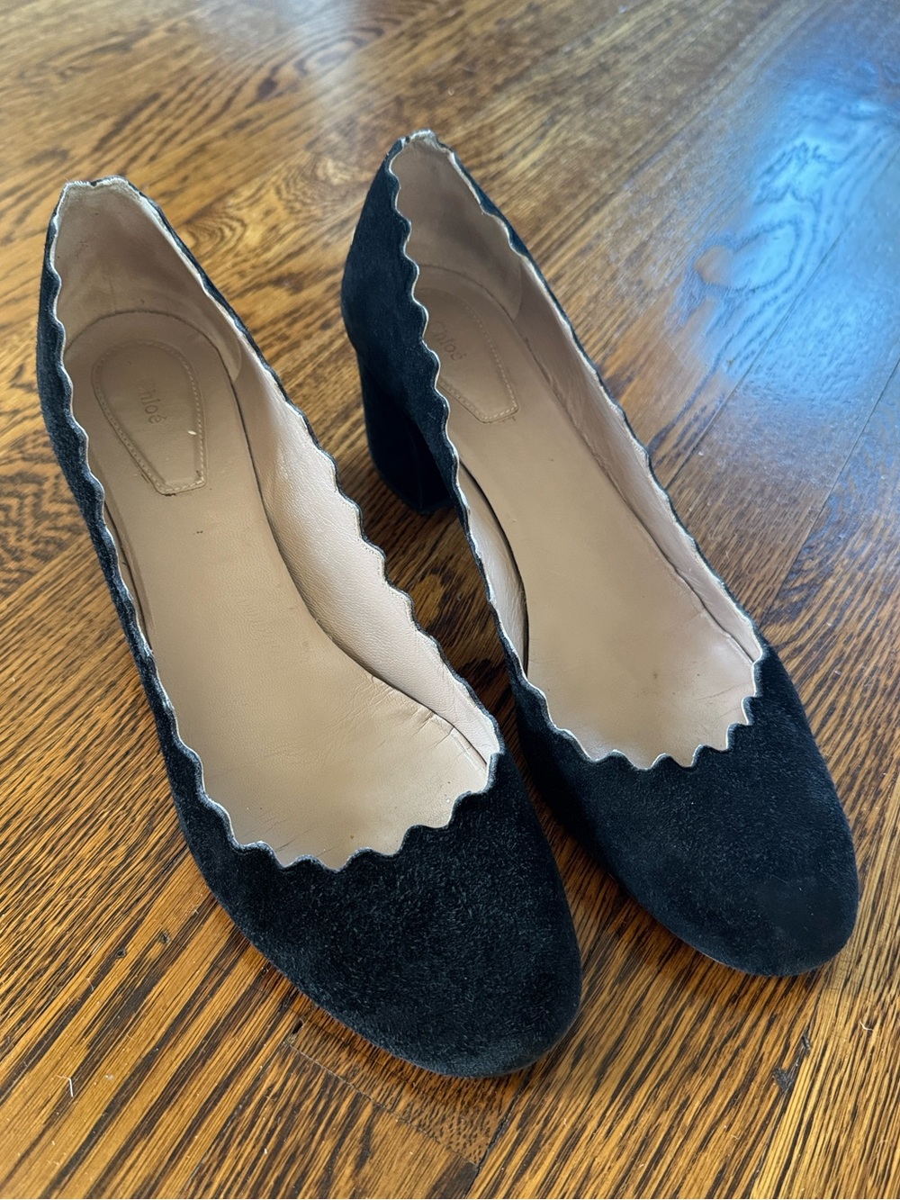 Chloe Lauren Scalloped Black Suede Block Heel Pumps - Women Size 41
